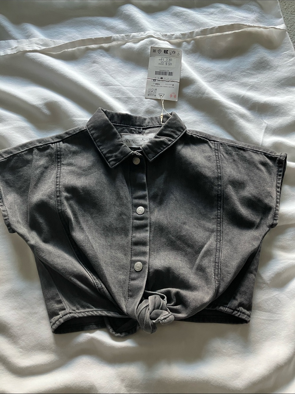 Zara Washed Gray Cropped Knot Front Button-Down Shirt